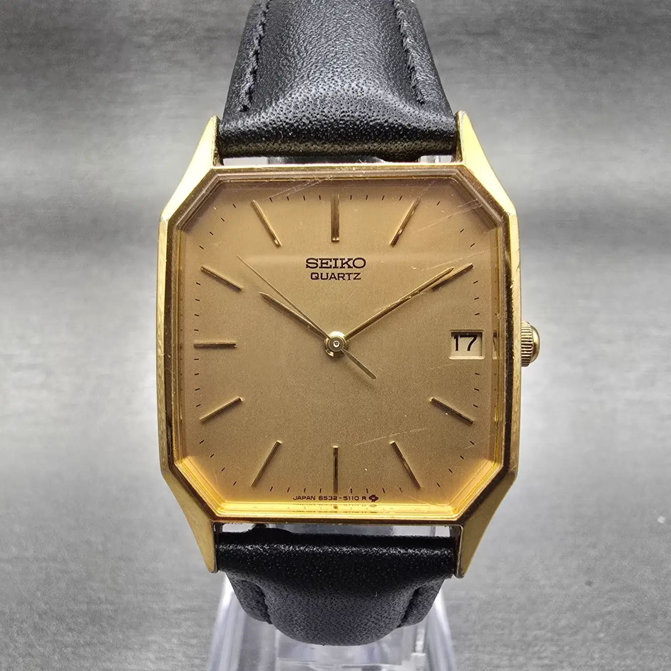 Seiko Tank Watch Men 28mm Gold Dial Gold Tone Date Rectangle 6532-5079 New Batt0