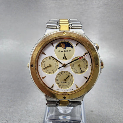 Seiko Cadet Moon Phase Watch Men 35mm White Dial Two Tone Daydate Round New Batt