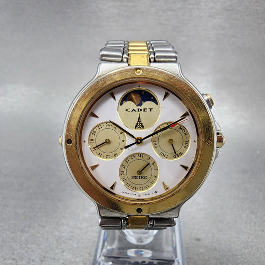 Seiko Cadet Moon Phase Watch Men 35mm White Dial Two Tone Daydate Round New Batt
