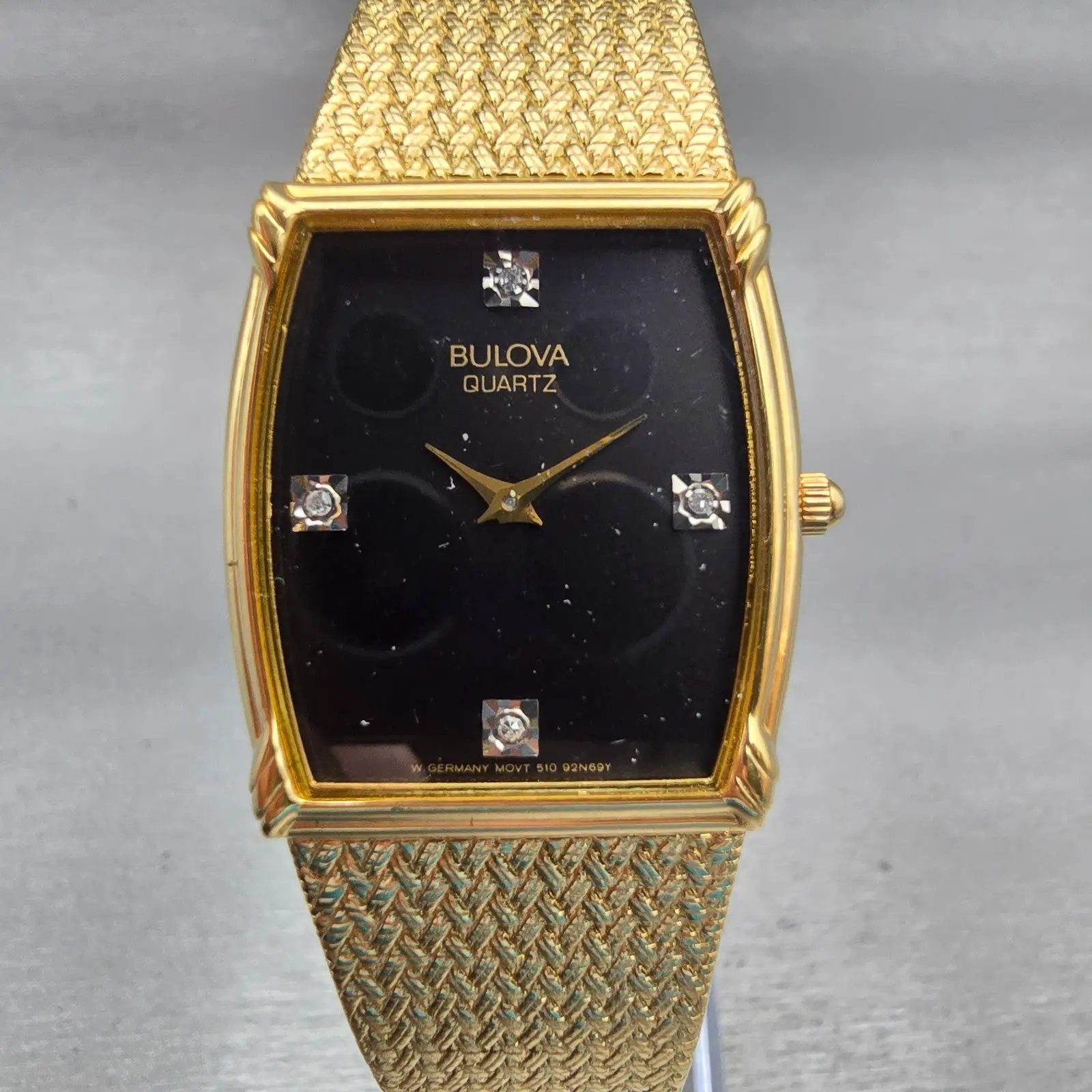 Bulova Watch Men 26mm Black Dial Gold Tone Rectangle 92N69Y New Battery Vintage0