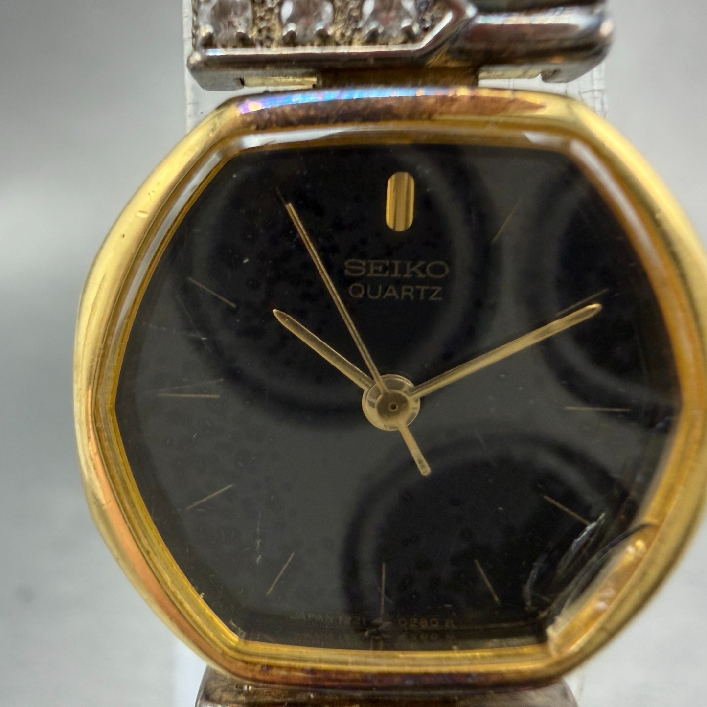 Seiko Watch Women 20mm Black Dial Gold Tone Octagon 1221-5130 New Battery VTG1