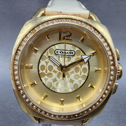 Coach Boyfriend Watch Women Champagne Dial Gold Tone Round Leather New Battery1