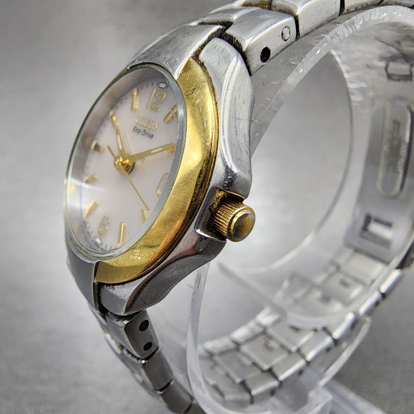 Citizen EcoDrive Watch Women 24mm MOP Dial Two Tone Date Round  E010S0016682