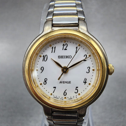 Seiko Avenue Watch Women 22mm White Dial Two Tone Round 1F21-0H60 New Battery