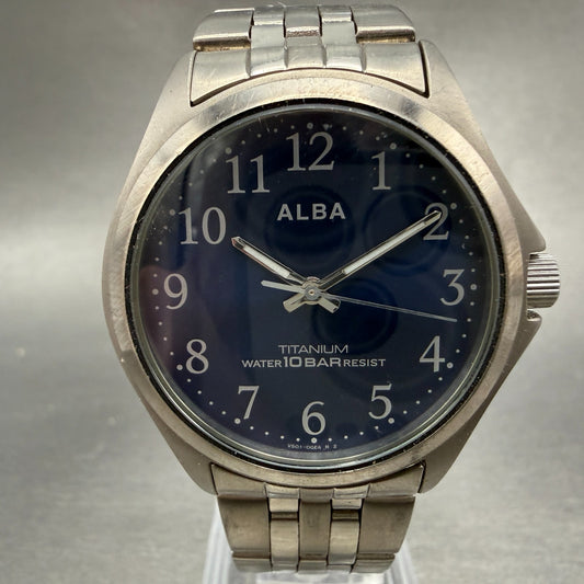 Seiko Alba Watch Men 35mm Blue Dial Titanium Round V501-0BP0 New Battery VTG0