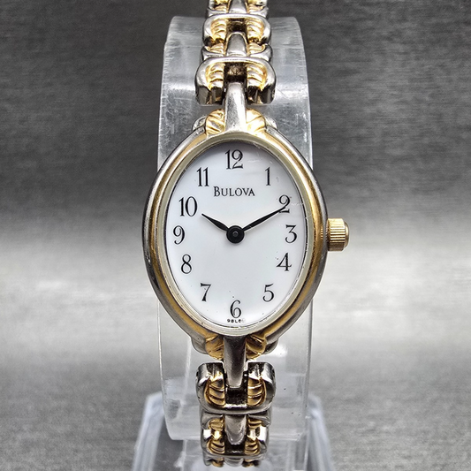 Bulova Watch Women 17mm White Dial Two Tone Oval 98L66 New Battery JP3240