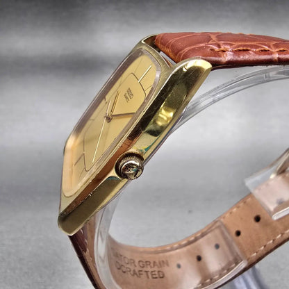 Seiko Watch Men 28mm Gold Dial Gold Tone Rectangle 6530-5020 New Battery Vintage2