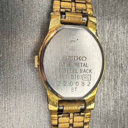 Seiko SX Watch Women 17mm Gold Dial Two Tone Oval V401-5101 New Battery Vintage10