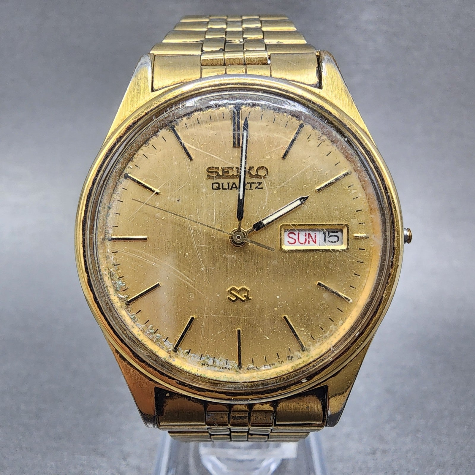 Seiko SQ Watch Men 35mm Champagne Dial Gold Tone Daydate 5y238049 NewBatt READ!0