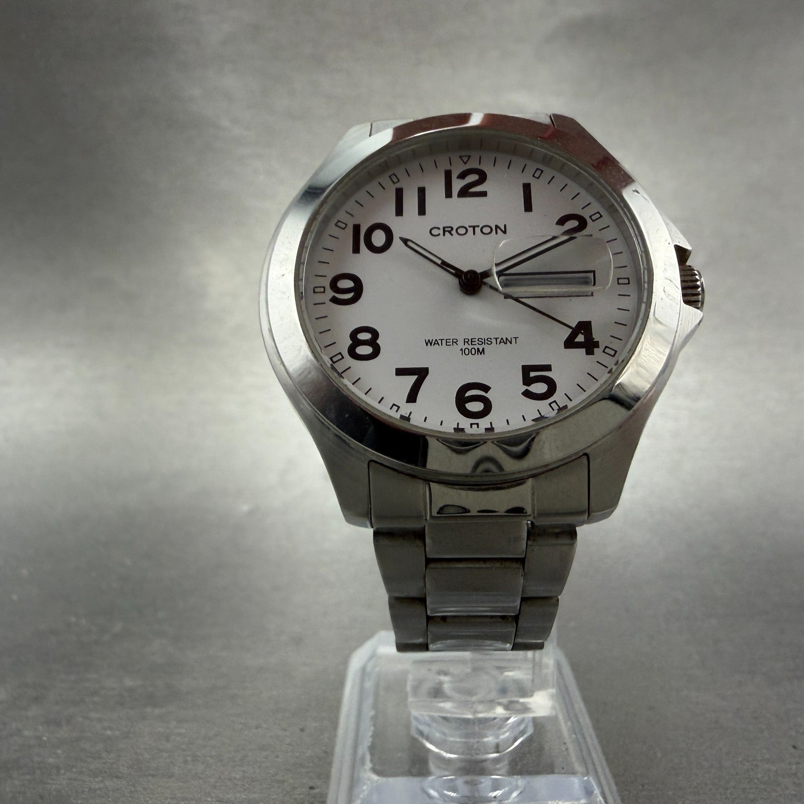 Croton Watch Men 38mm White Dial Silver Tone Daydate Round RT-144M New Battery5