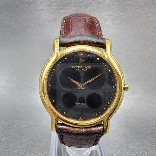 Raymond Weil Watch Men 32mm Black Dial Gold Plated Round 114 New Battery