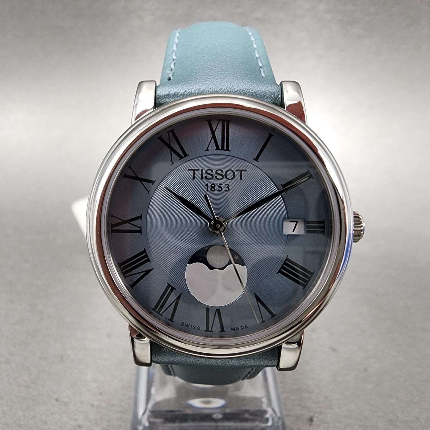 Tissot Carson Moonphase Watch Women 32mm Blue Dial Steel Date Round Leather Band1