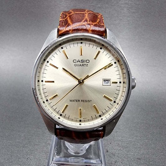Casio Watch Men 37mm Champagne Dial Silver Tone Date MTP1175 New Battery0