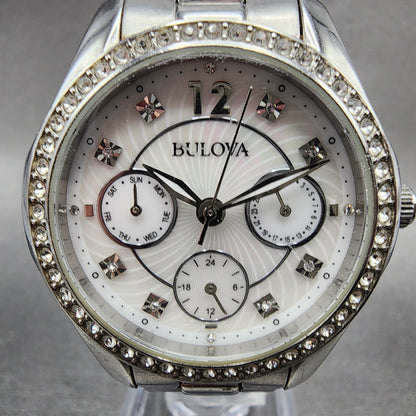 Bulova Watch Women 35mm MOP Dial Silver Tone Daydate Round 96N111 New Battery1