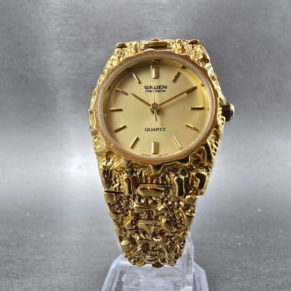 Gruen Watch Women 24mm Gold Dial Gold Nugget Case Tone New Battery VTG5