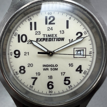 Timex Expedition Metal Field Watch Men 37mm White Dial Silver Tone Date New Batt1