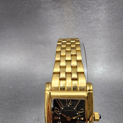 Tourneau Tank Watch Women 22mm Black Dial Gold Tone Rectangle READ New Battery4