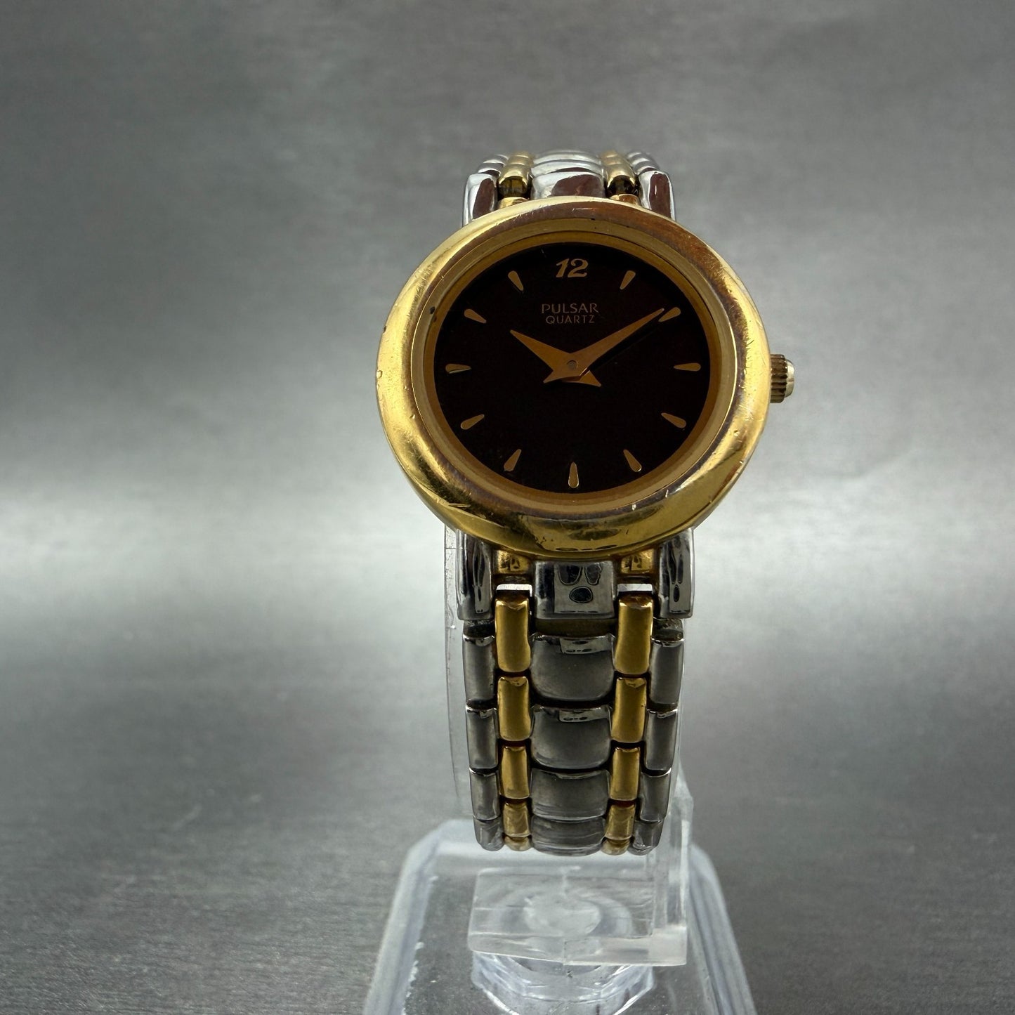 Seiko Pulsar Watch Women 24mm Black Dial Two Tone Round V700-X019 New Battery5