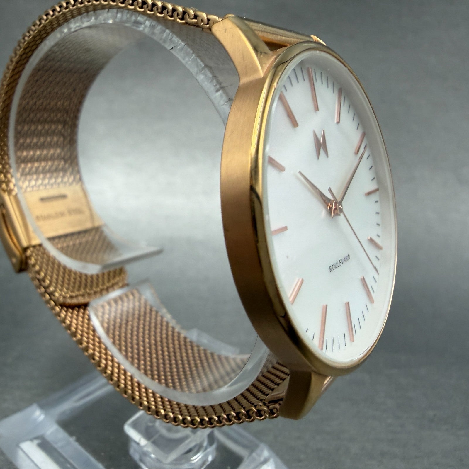 MVMT Boulevard Watch Women 38mm MOP Dial Rose Gold Tone Mesh Band New Battery A3