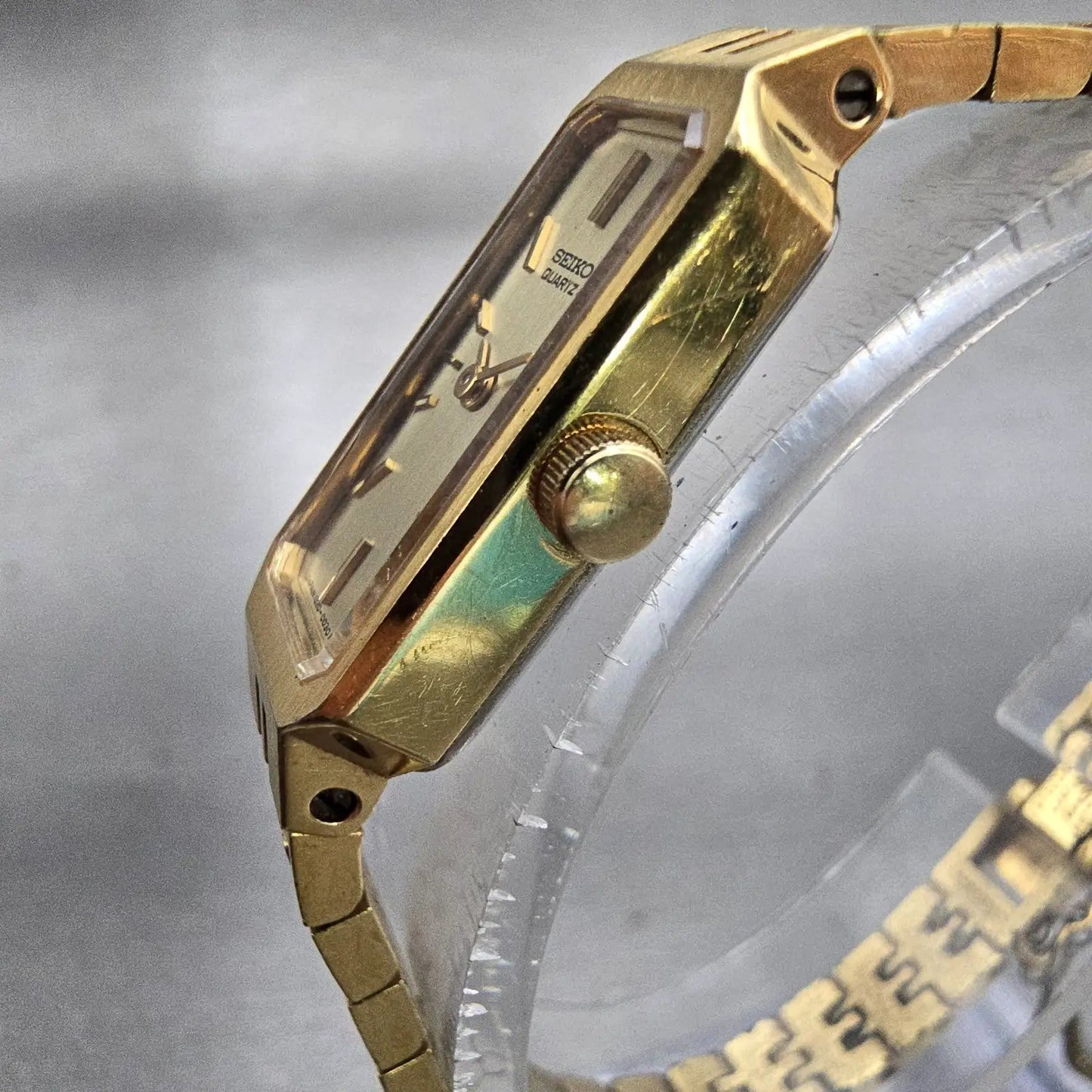 Seiko Watch Women 12mm Gold Dial Gold Tone Rectangle 1320-5029 New Battery VTG D2