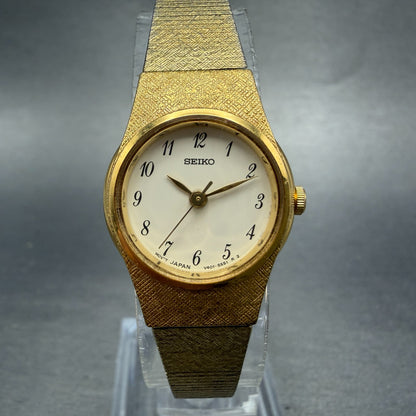 Seiko Watch Women 19mm White Dial Gold Tone Round V401-1819 New Battery Vintage0