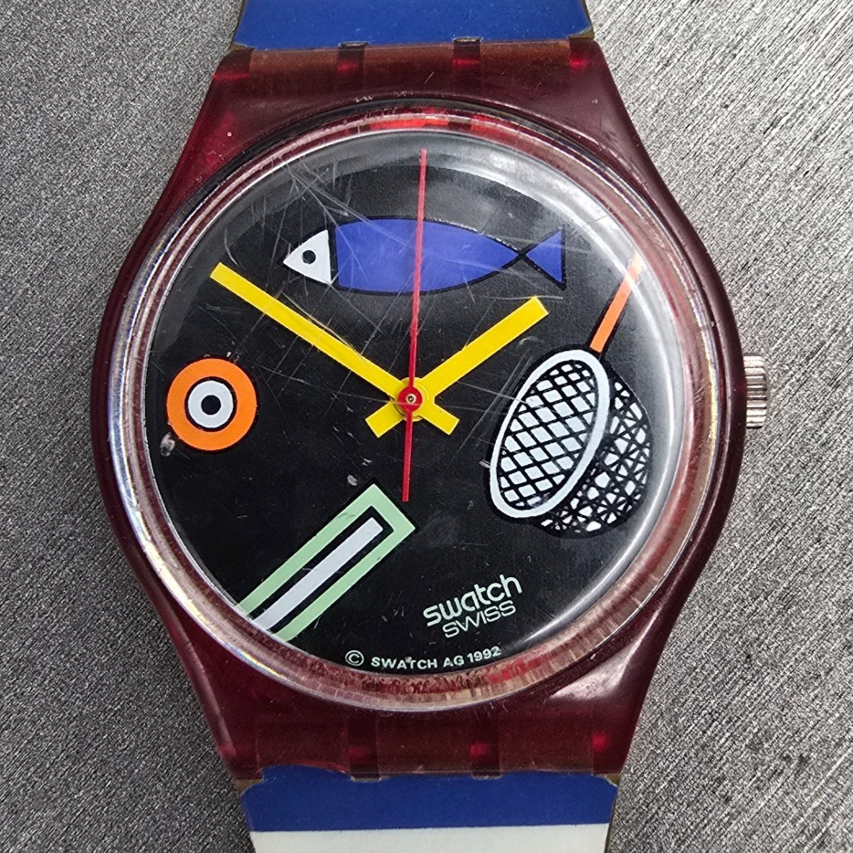 Swatch Fritto Misto Watch Men 34mm Black Dial Red Case Round GR114 New Battery1