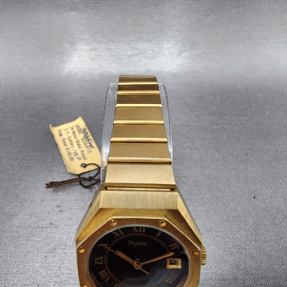 Pulsar Watch Women 24mm Black Dial Gold Tone Date Round Y6420030 New Batt NOS6