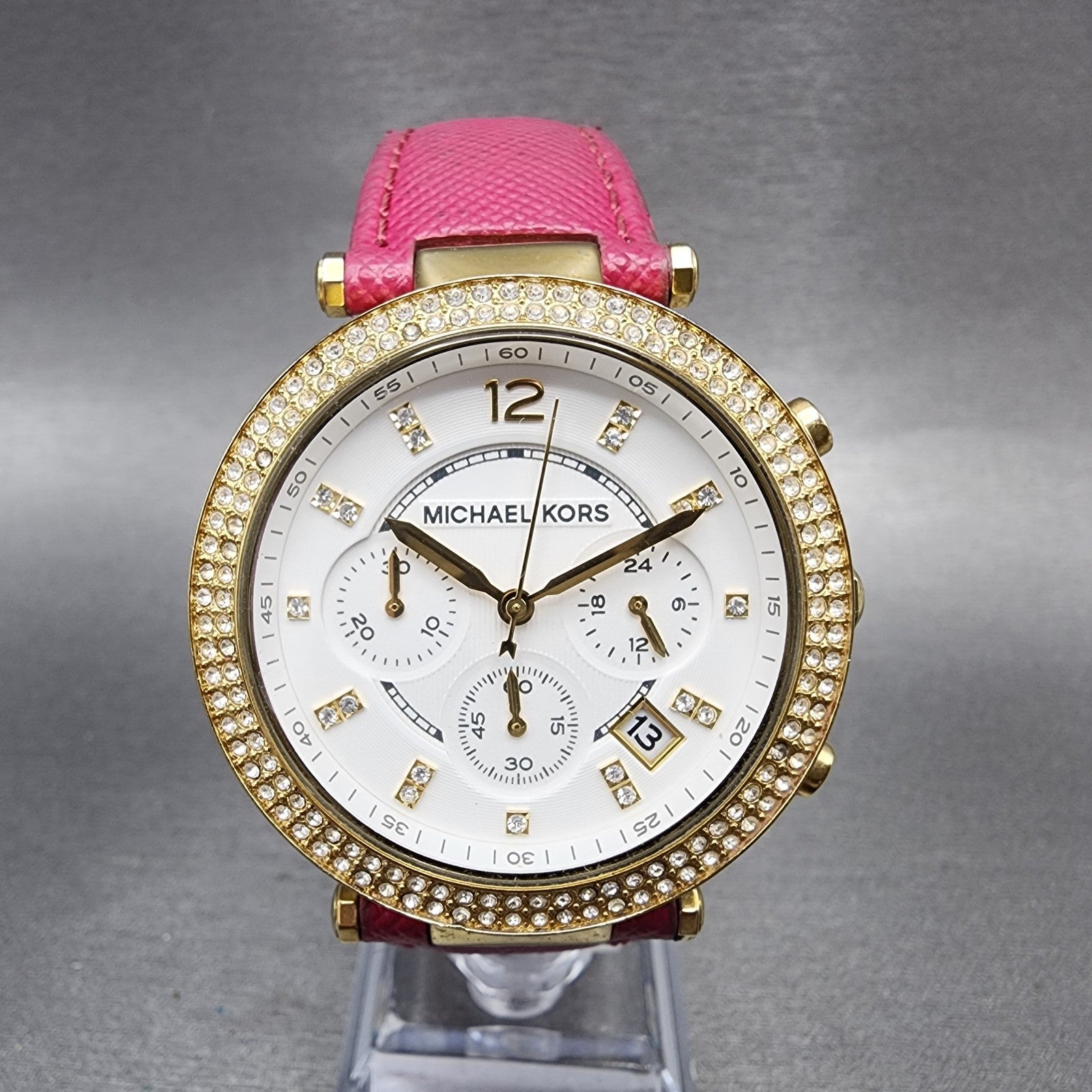 Michael Kors Parker Watch Women 39mm White Dial Gold Tone Date Round New Battery0