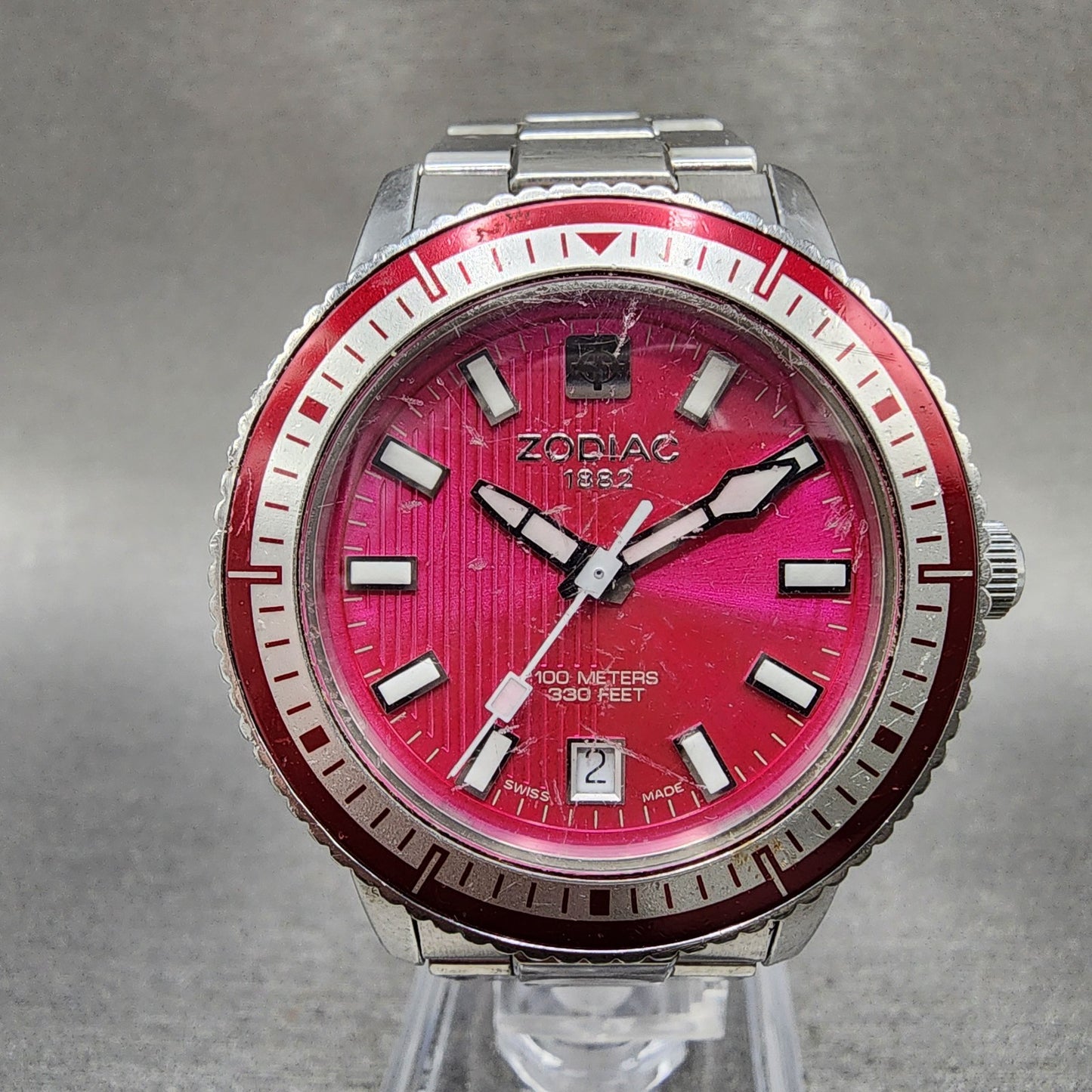 Zodiac Sea Wolf Watch Women 37mm Pink Dial Silver Tone Date Round New Battery0