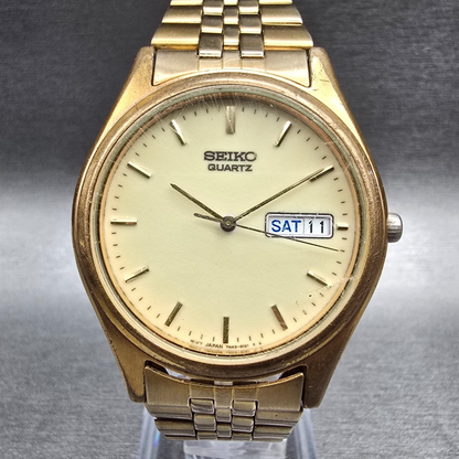 Seiko Watch Men 37mm Luminous Dial Gold Tone Daydate Round 7N43-9048 New Batt JP0