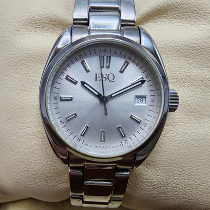 ESQ Watch Women 27mm Silver Dial Stainless Steel Date Round New Batt1