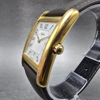 Coach Tank Watch Men 25mm Silver Dial Gold Tone Date Rectangle W503A New Battery2