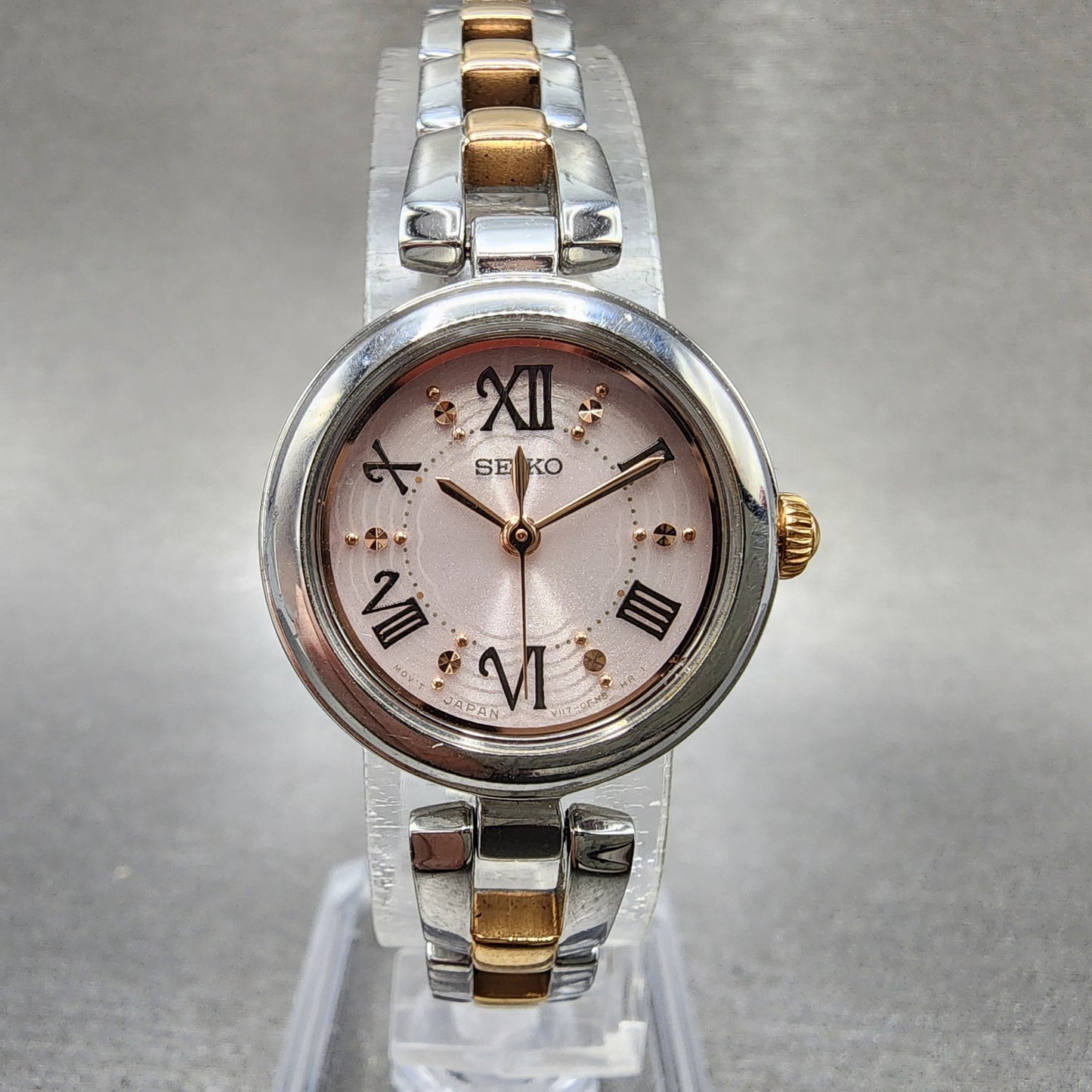 Seiko Solar Watch Women 23mm Pink Dial Two Tone Round V1170CV0 Runs0