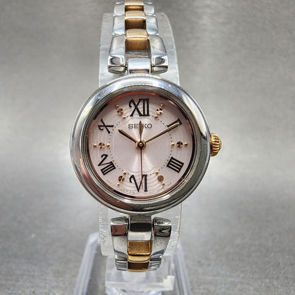 Seiko Solar Watch Women 23mm Pink Dial Two Tone Round V1170CV0 Runs0