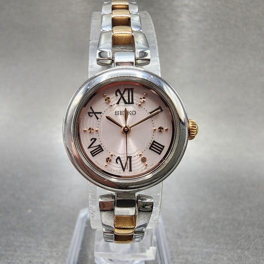 Seiko Solar Watch Women 23mm Pink Dial Two Tone Round V1170CV0 Runs0