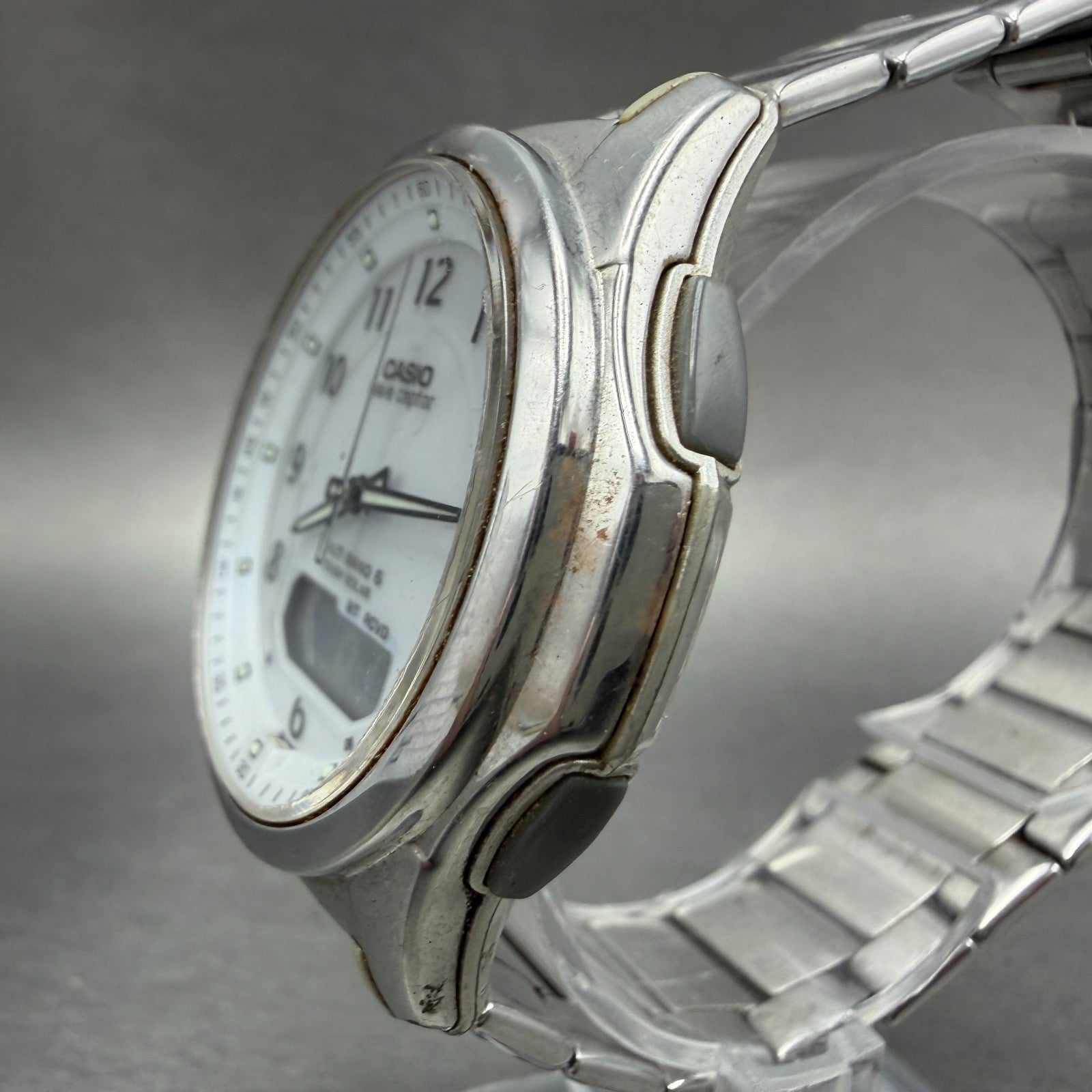 Casio Wave Ceptor Watch Men 42mm White Dial Steel Solar Analog Digital Works YUY2
