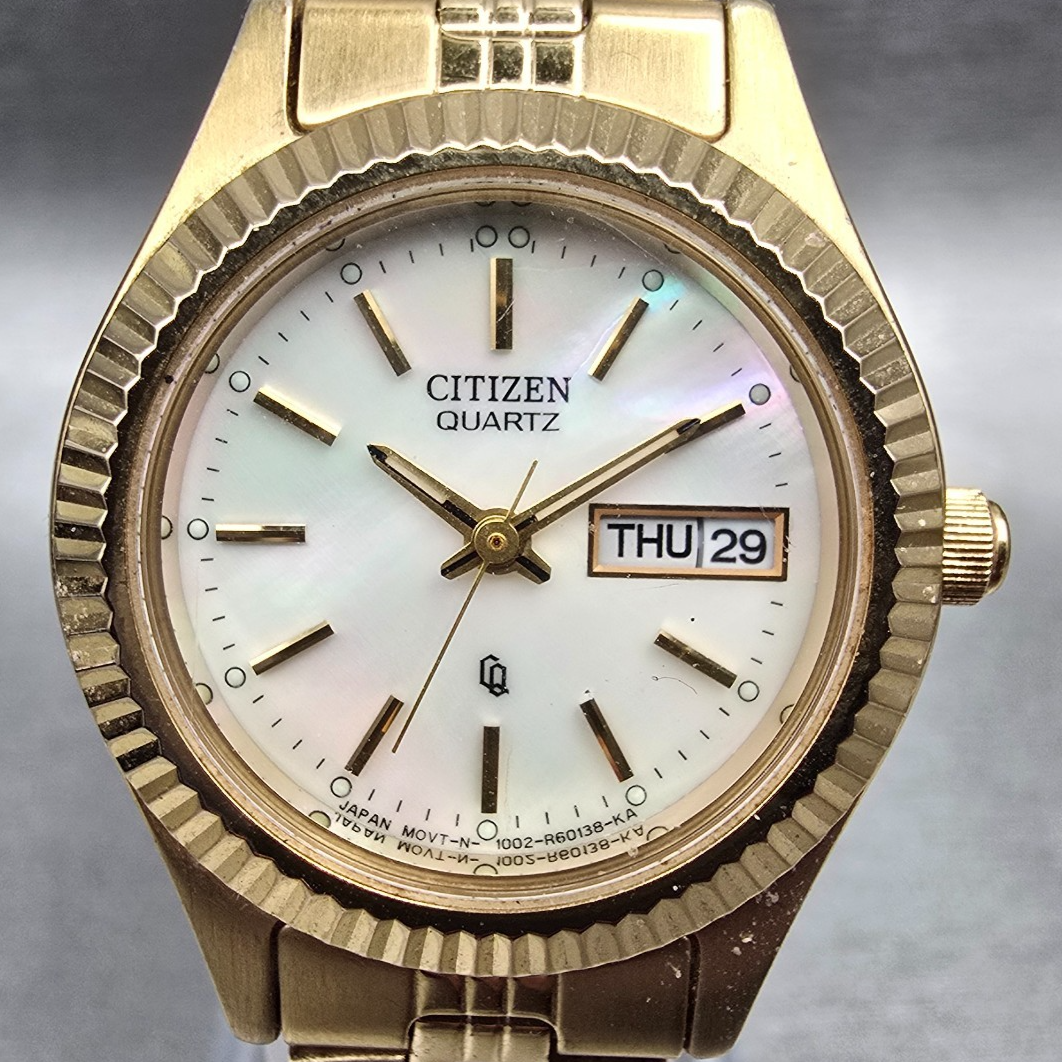Citizen CQ Watch Women 25mm MOP Dial Gold Daydate 1002-R15101 New Battery JT1