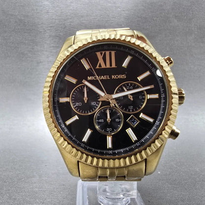 Michael Kors Lexington Chronograph Watch Men 45mm Black Dial Gold Tone New Batt5