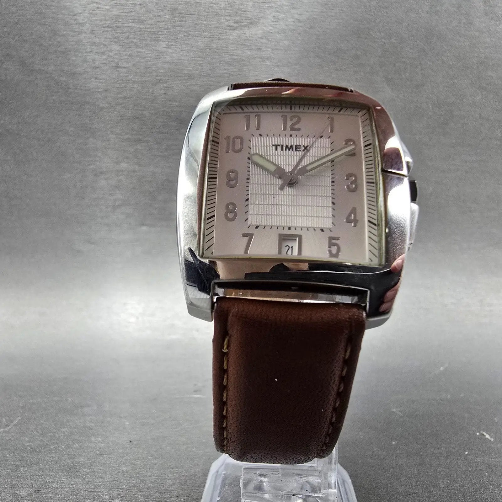 Timex Watch Men 33mm Silver Dial Silver Tone Rectangle Date T29371 New Battery5