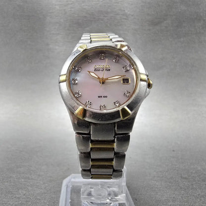 Citizen Eco-Drive Watch Women 26mm MOP Dial Two Tone Date E011-S064881 Runs HJ5