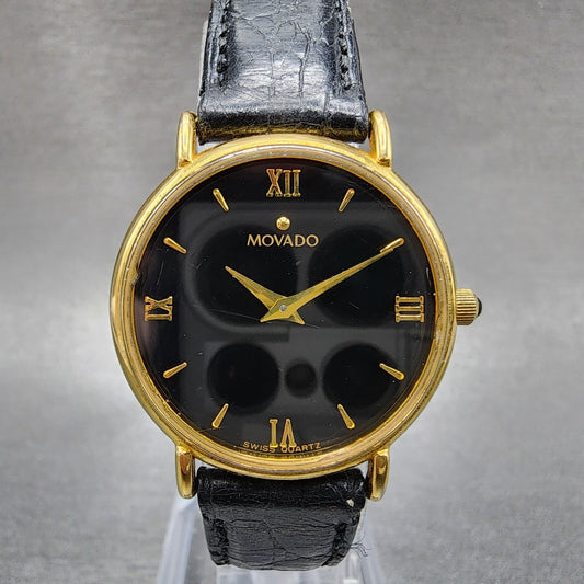Movado Watch Women 28mm Black Dial Gold Tone Round 87.66.835 New Battery VTG