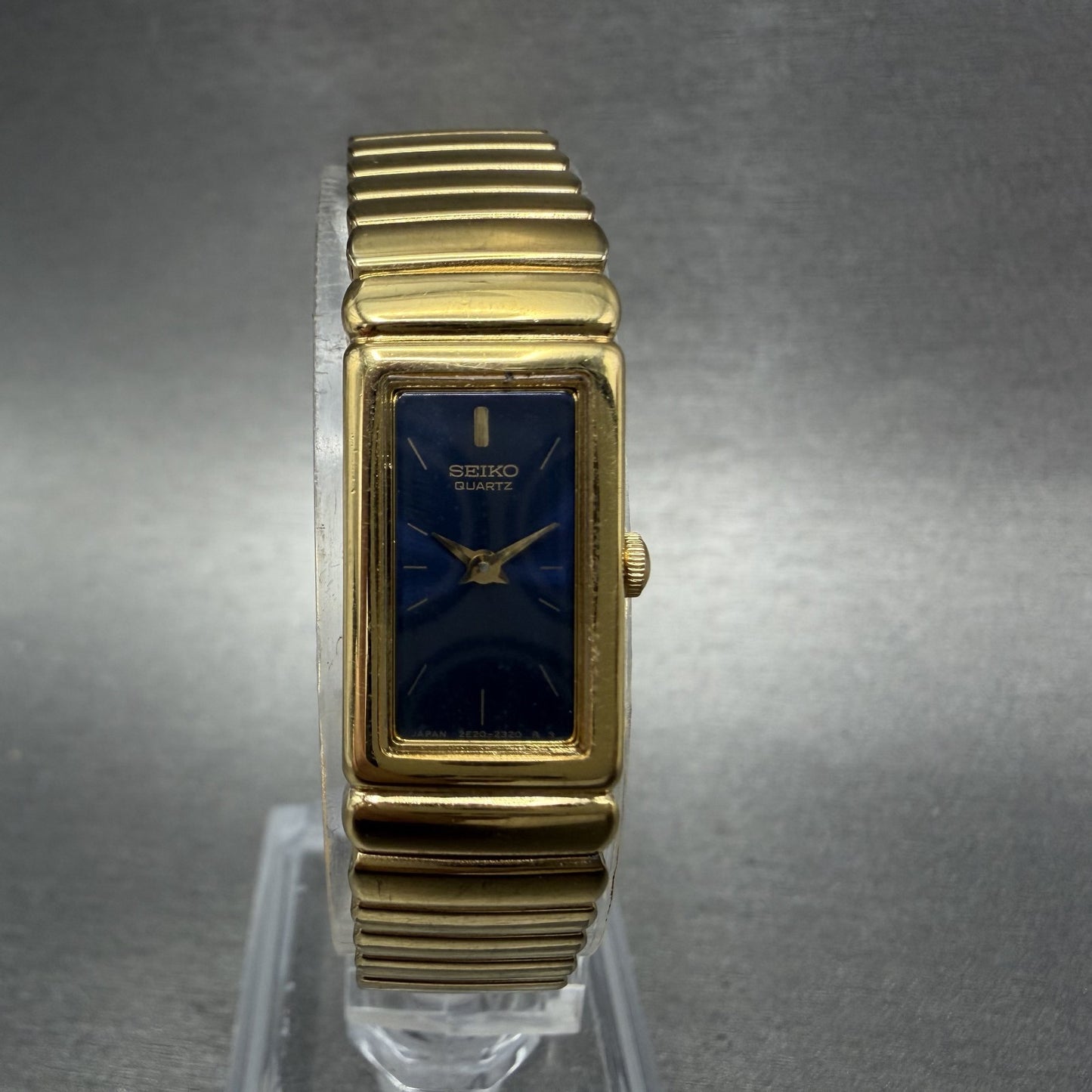 Seiko Tank Watch Women 13mm Blue Dial Gold Tone Rectangle 2E20-6759 New Batt ABC0