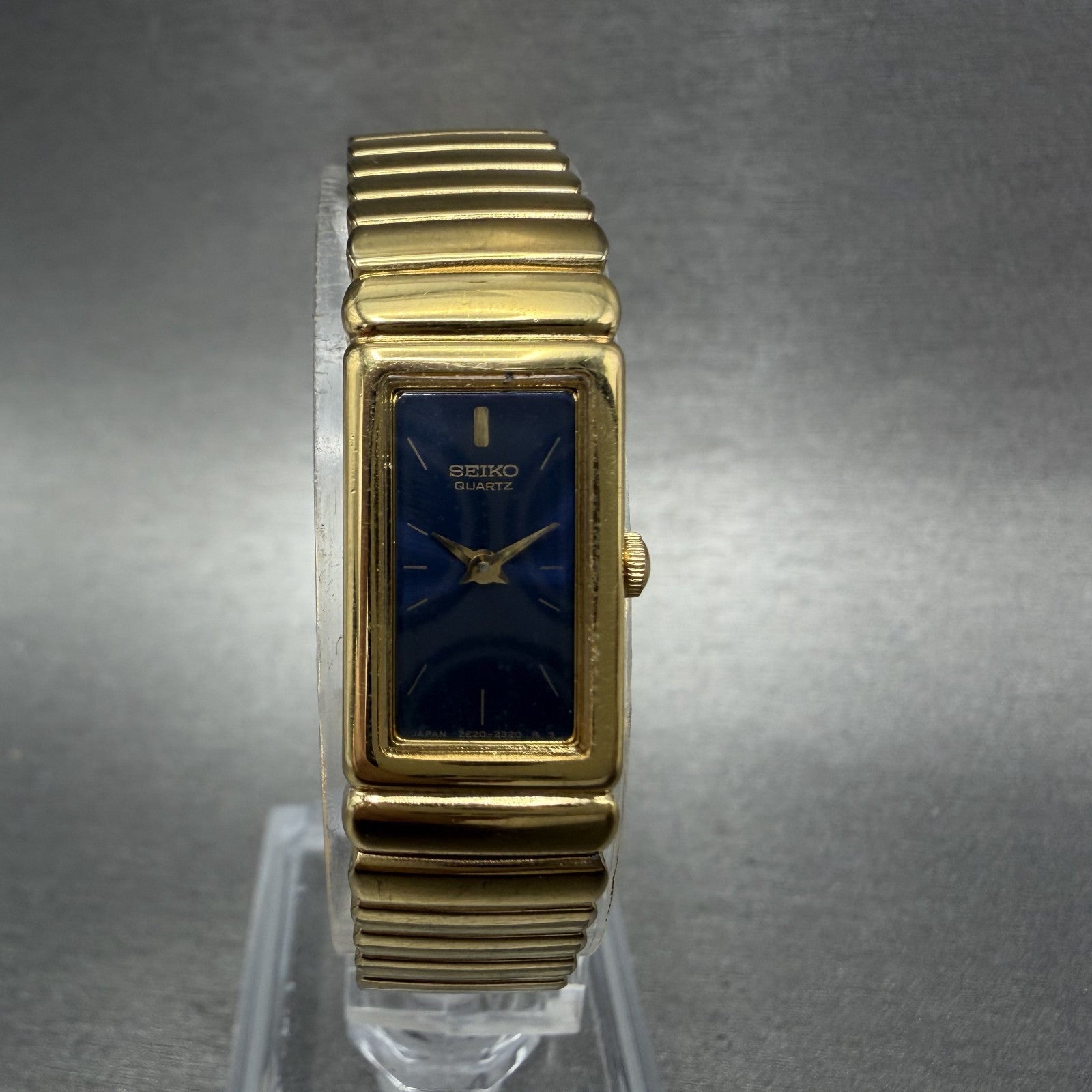 Seiko Tank Watch Women 13mm Blue Dial Gold Tone Rectangle 2E20-6759 New Batt ABC0