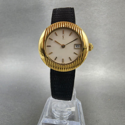 Yves Saint Laurent Watch Women 28mm Cream Dial Gold Tone Date Round New Battery5