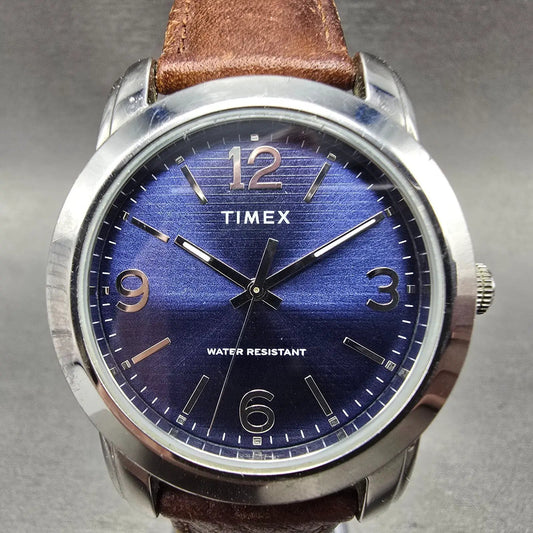 Timex Main Street Watch Men 39mm Blue Dial Silver Tone Round New Battery0