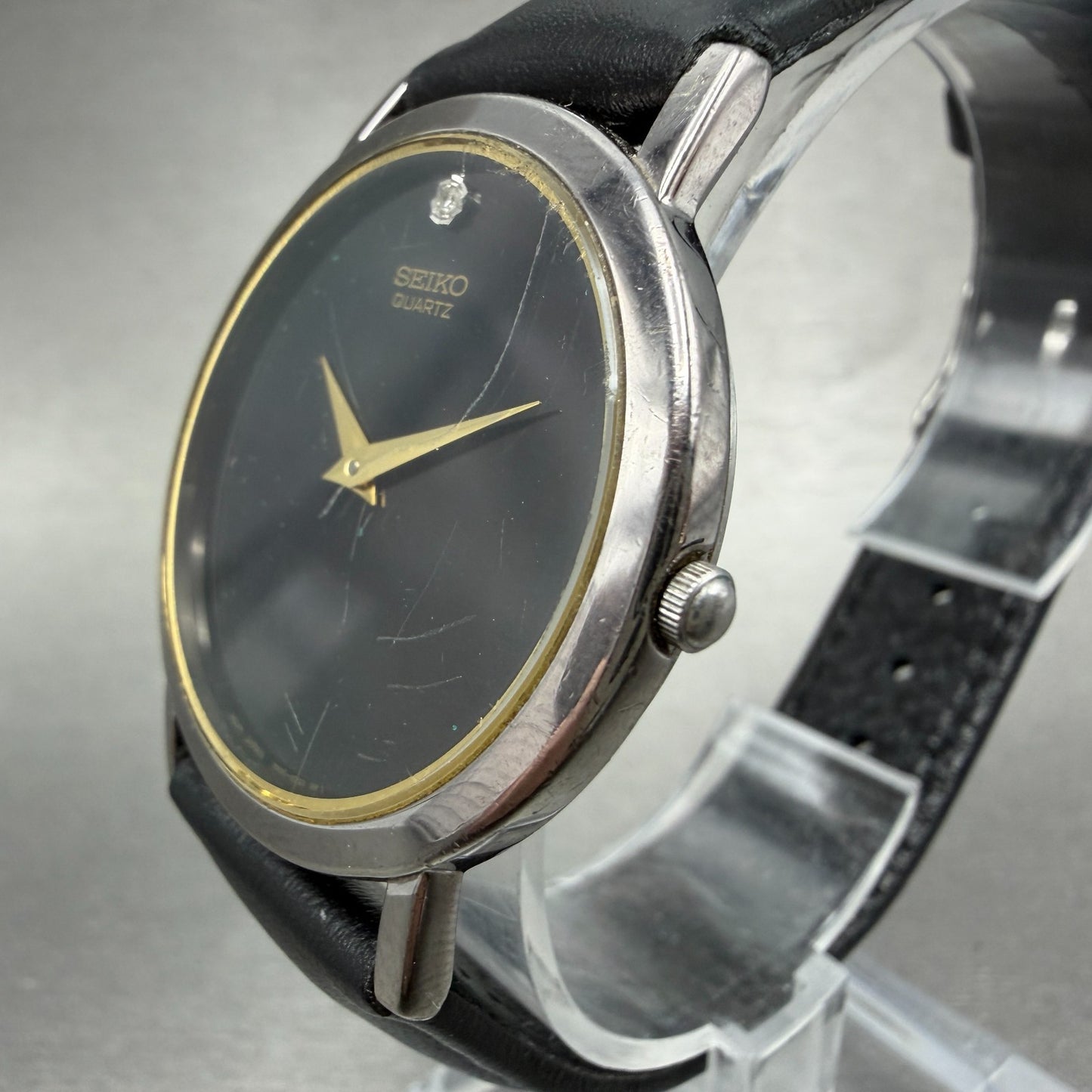 Seiko Watch Men 34mm Black Dial Silver Tone Round 7N00-8A49 Leather New Battery2