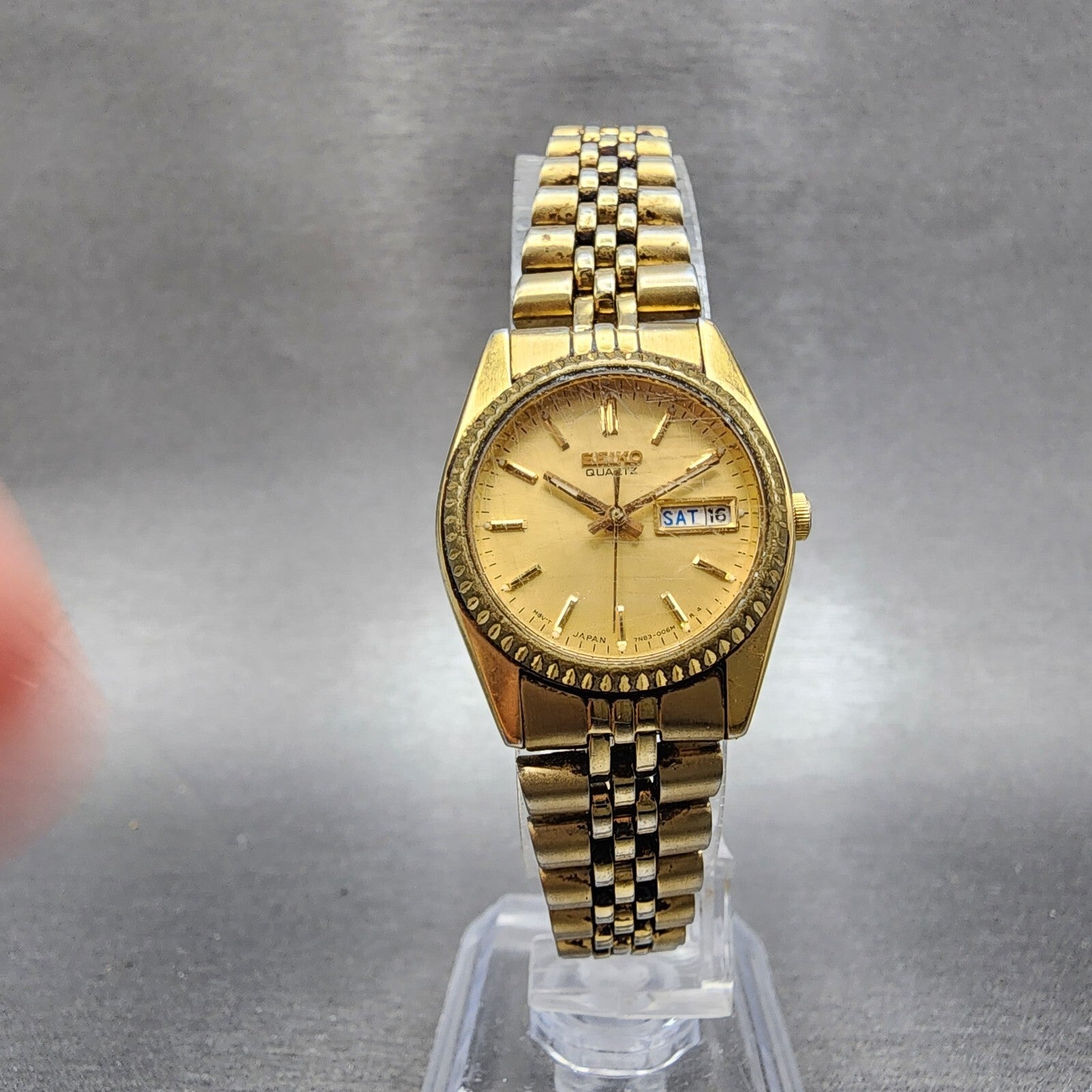 Seiko Watch Women 24mm Gold Dial Gold Tone Daydate Round 7N830041 New Battery5