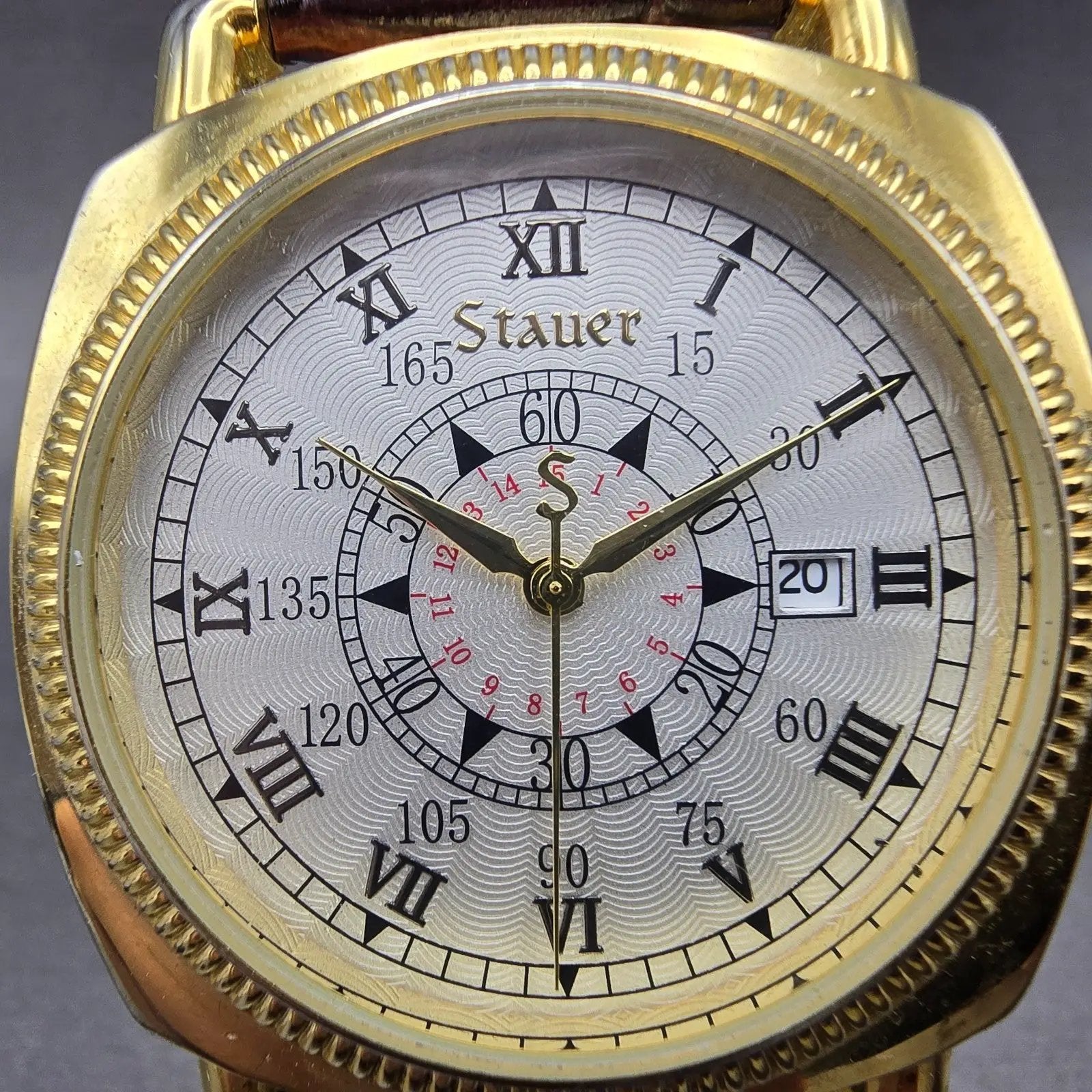 Stauer Watch Men 40mm Silver Dial Gold Tone Date Round Leather New battery1