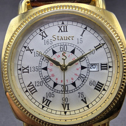 Stauer Watch Men 40mm Silver Dial Gold Tone Date Round Leather New battery1