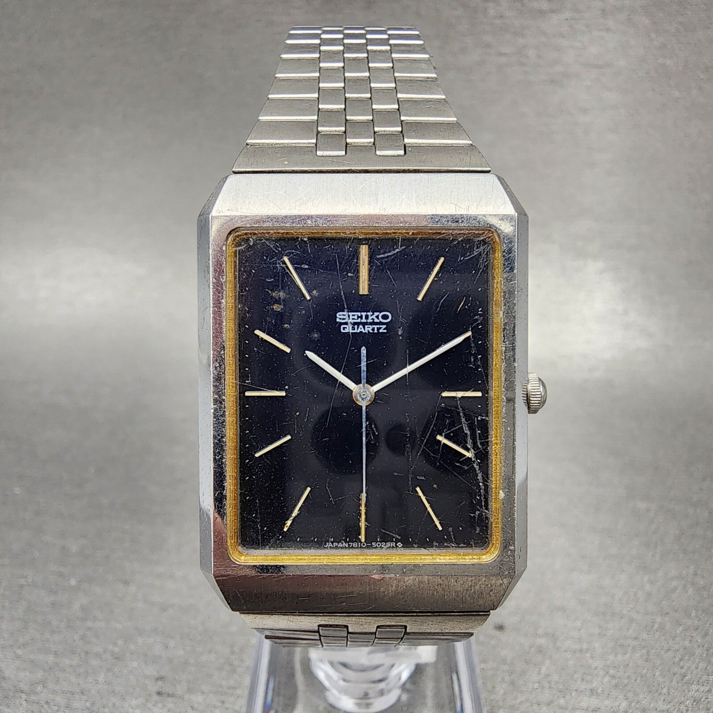 VTG Seiko Tank Watch Men 28mm Blue Dial Steel Rectangle 78105029 PARTS0